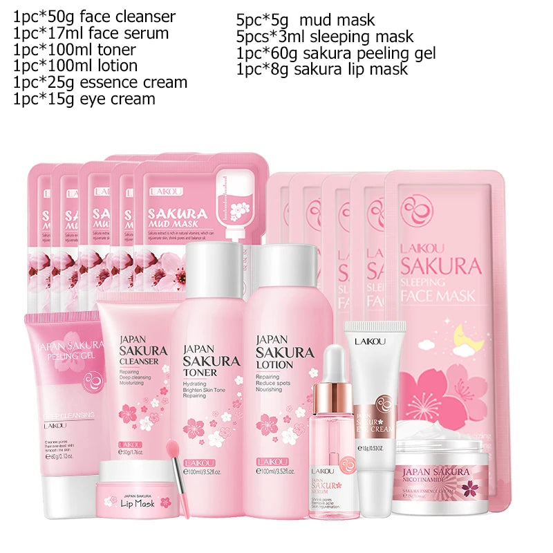 Sakura Facial Cleaner Korean Face Serum Exfoliating Peeling Gel Moisturize Toner Eye Cream Sunscreen Cosmetics Skin Care Set