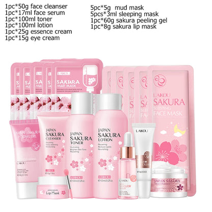 Sakura Facial Cleaner Korean Face Serum Exfoliating Peeling Gel Moisturize Toner Eye Cream Sunscreen Cosmetics Skin Care Set