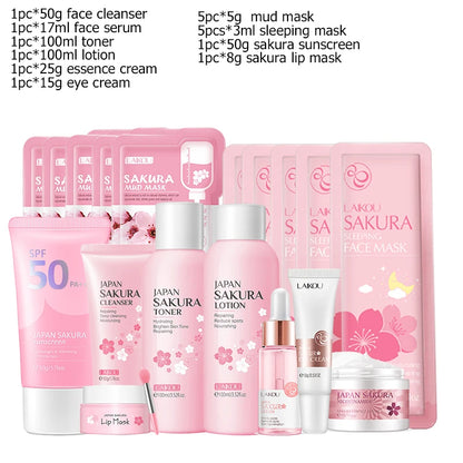 Sakura Facial Cleaner Korean Face Serum Exfoliating Peeling Gel Moisturize Toner Eye Cream Sunscreen Cosmetics Skin Care Set