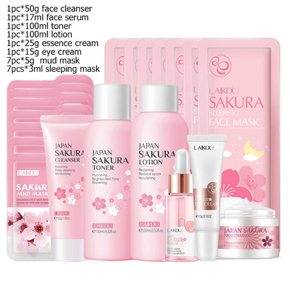 Sakura Facial Cleaner Korean Face Serum Exfoliating Peeling Gel Moisturize Toner Eye Cream Sunscreen Cosmetics Skin Care Set