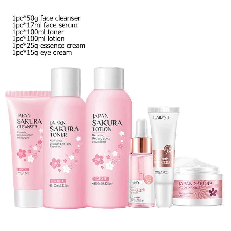 Sakura Facial Cleaner Korean Face Serum Exfoliating Peeling Gel Moisturize Toner Eye Cream Sunscreen Cosmetics Skin Care Set