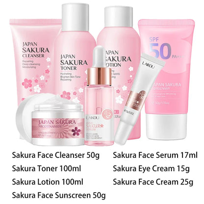 Sakura Facial Cleaner Korean Face Serum Exfoliating Peeling Gel Moisturize Toner Eye Cream Sunscreen Cosmetics Skin Care Set