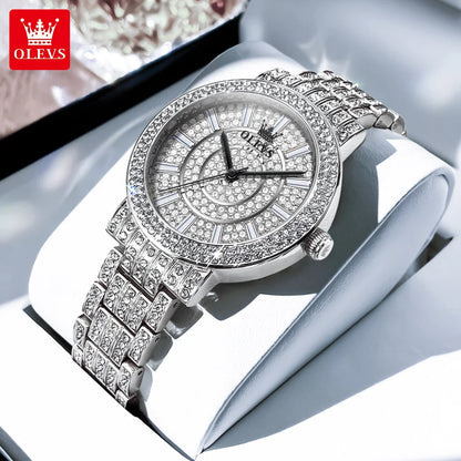 OLEVS Top Original Brand Women's Watches Elegant Luxury Full Diamond Quartz Watch for Lady's Waterproof Silver Female Wristwatch