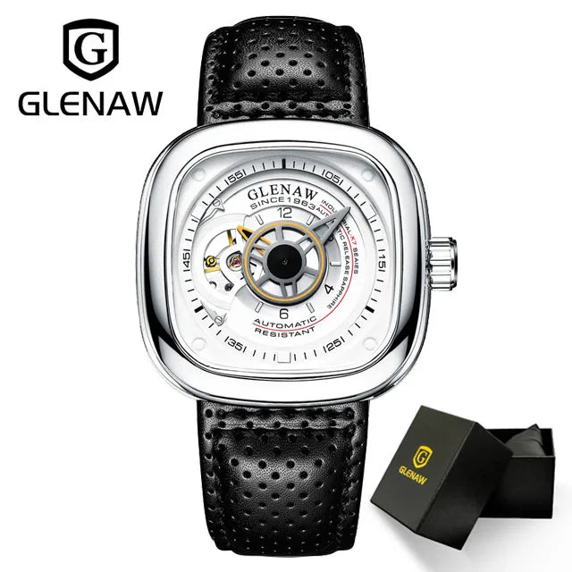 GLENAW Mechanical Watch for Men Breathable Leatherstainless Steel Automatic Skeleton Mens Watches Top Brand Luxury Reloj Hombre