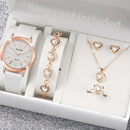 Women's Watch Fashion Matte Dial Casual Leather Band Quartz Watch with Diamond Heart Jewelry Set（Without Box）