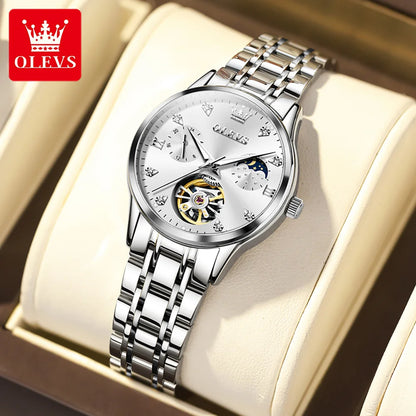 OLEVS Automated Mechanical Women's Watch Skeleton Hollow Moon Phase Date Display Elegant Luxury Watch for Ladies Original