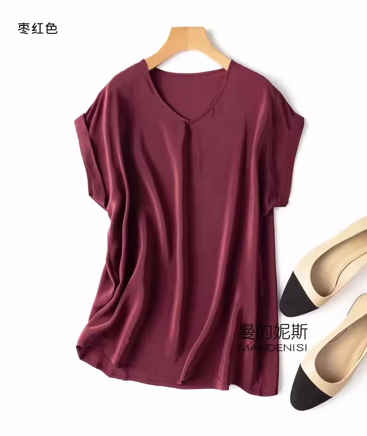 Summer New Arrive High Quality 100% Mulberry Silk Office Lady Blouse Short Sleeved