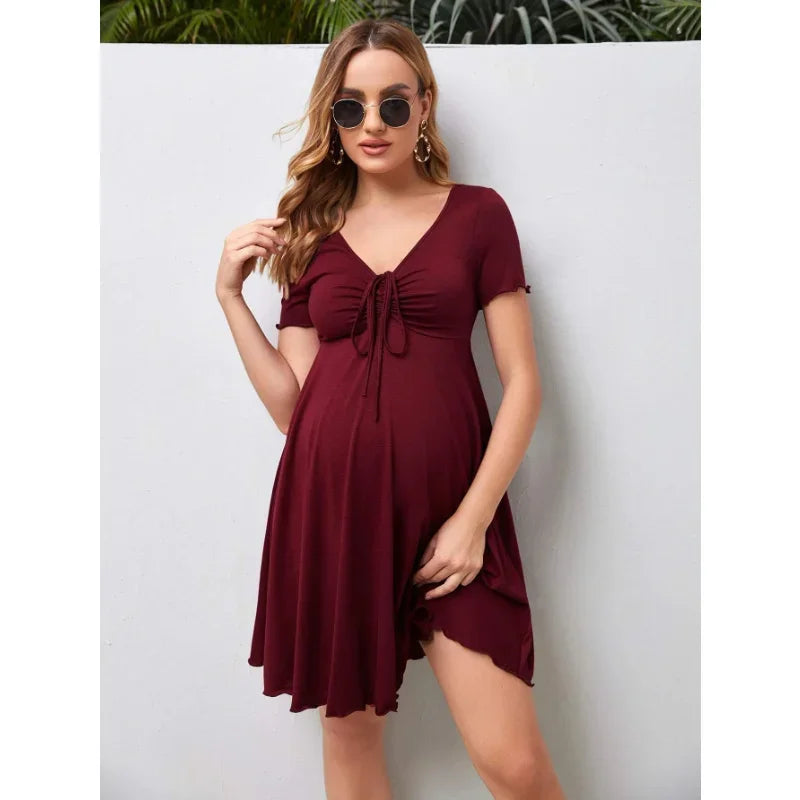 Maternity Dresses Summer Pure Colour V-neck Women Dress Loose Plus Size Pregnant Skirts Casual Clothing 2024 New Hot